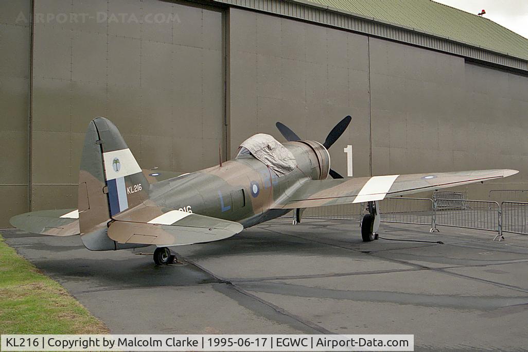 KL216, 1945 Republic P-47D Thunderbolt C/N 399-55834, Republic P-47D Thunderbolt. Originally delivered new to the USAAF as 45-49295, and seen here at the RAF Cosford Aerospace Museum during Cosford 95.