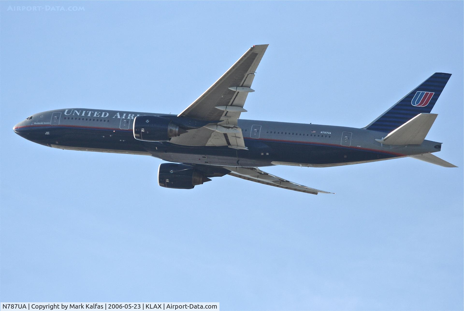 N787UA, 1997 Boeing 777-222 C/N 26939, United Airlines Boeing 777-222, N787UA 25R departure KLAX.