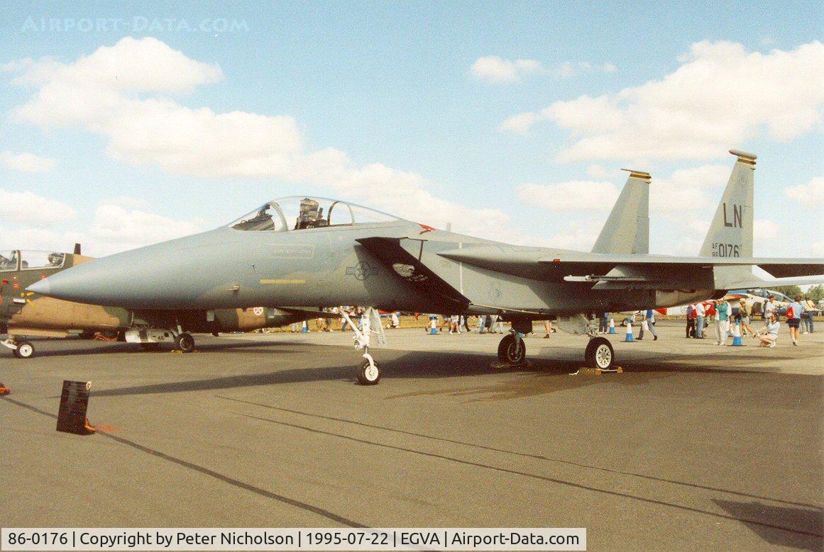 86-0176, 1986 McDonnell Douglas F-15C Eagle C/N 1027/C404, F-15C Eagle, callsign Deadly 01, of Lakenheath's 493rd Fighter Squadron/48th Fighter Wing on display at the 1995 Intnl Air Tattoo at RAF Fairford.