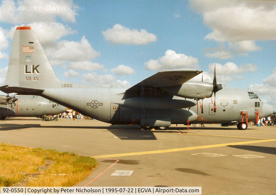 92-0550, 1992 Lockheed C-130H Hercules C/N 382-5321, C-130H Hercules, callsign Akins 28, of 50th Airlift Squadron/314th Airlift Wing on display at the 1995 Intnl Air Tattoo at RAF Fairford.