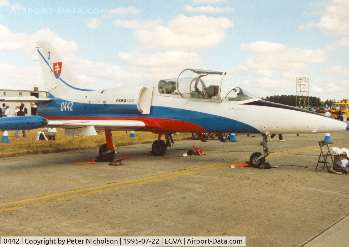 0442, Aero L-39 Albatros C/N 430442, L-39 Albatros of the Slovak Air Force's White Albatross display team at the 1995 Intnl Air Tattoo at RAF Fairford.