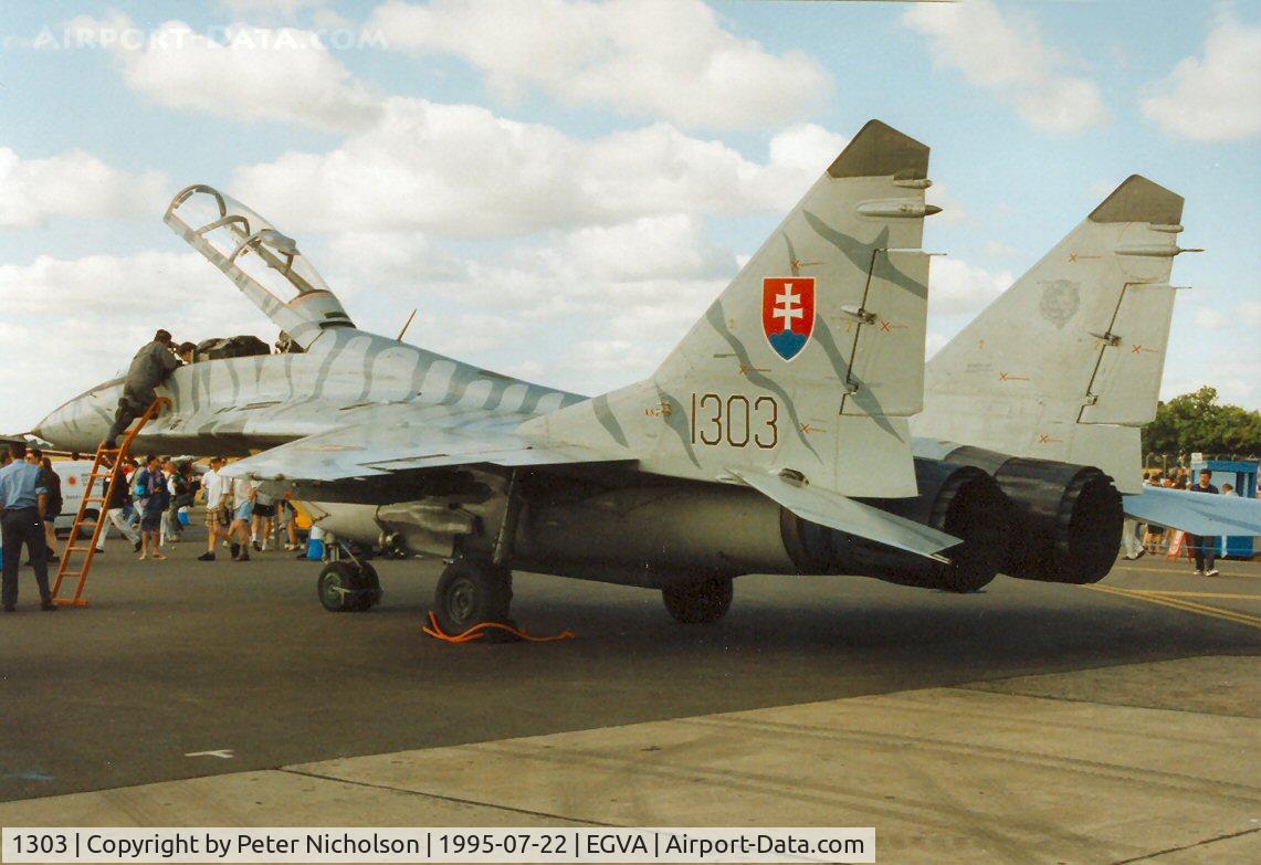 1303, Mikoyan-Gurevich MiG-29UB C/N N50903028113, Another view of the Slovak Air Force Fulcrum on display at the 1995 Intnl Air Tattoo at RAF Fairford.