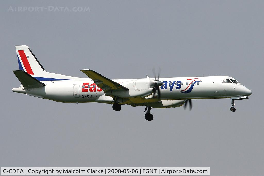 G-CDEA, 1994 Saab 2000 C/N 2000-009, Saab 2000 on approach to Rwy 07 at Newcastle Airport in 2008.