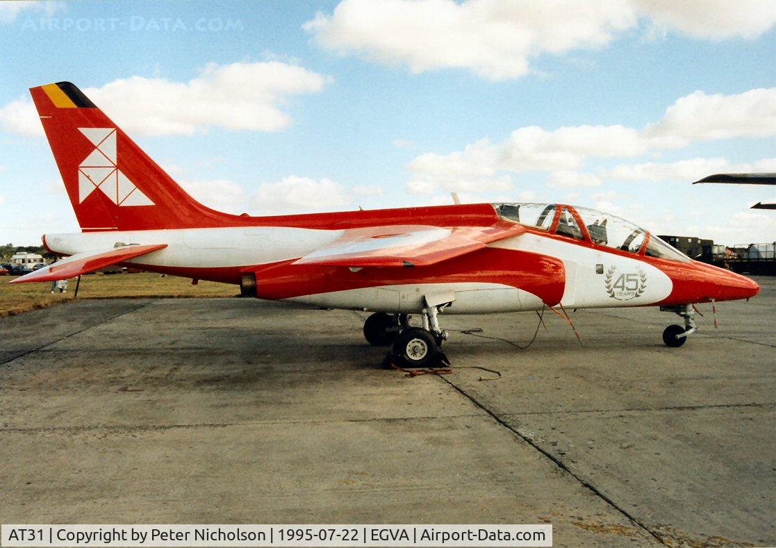 AT31, Dassault-Dornier Alpha Jet 1B C/N B31/1142, Belgian Air Force Alpha Jet from 7 Squadron with 45 years anniversary markings on display at the 1995 Intnl Air Tattoo at RAF Fairford.