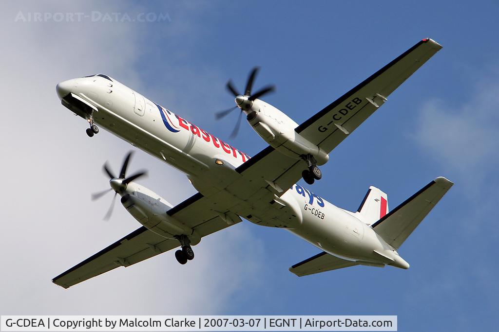 G-CDEA, 1994 Saab 2000 C/N 2000-009, Saab 2000 on approach to Rwy 25 at Newcastle Airport in 2007.