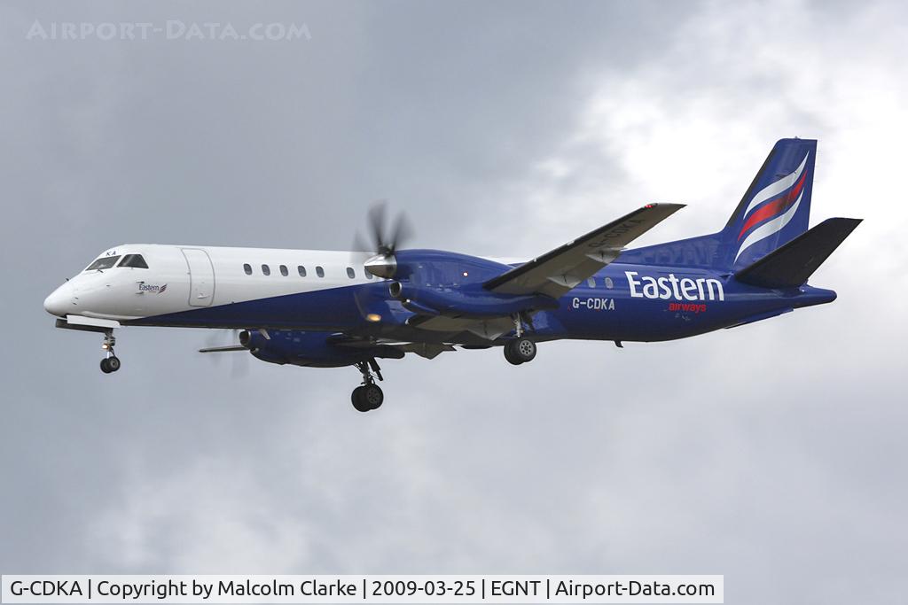 G-CDKA, 1993 Saab 2000 C/N 2000-006, Saab 2000 on approach to Rwy 25 at Newcastle Airport in 2009.