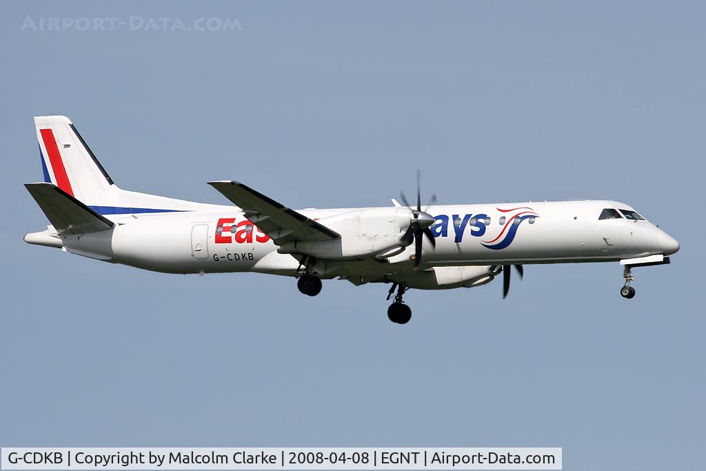 G-CDKB, 1996 Saab 2000 C/N 2000-032, Saab 2000 on approach to Rwy 07 at Newcastle Airport in 2008.