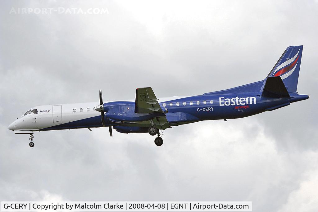 G-CERY, 1994 Saab 2000 C/N 2000-008, Saab 2000 on approach to Rwy 25 at Newcastle Airport in 2008.