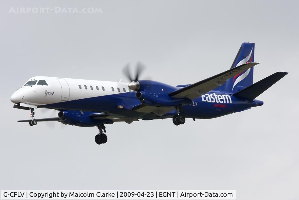 G-CFLV, 1995 Saab 2000 C/N 2000-023, Saab 2000 on approach to Rwy 25 at Newcastle Airport in 2009.