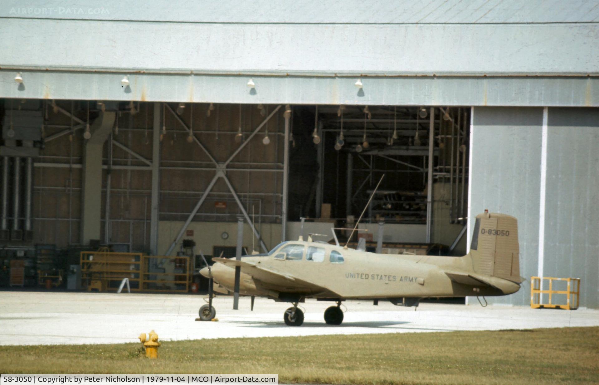 58-3050, 1958 Beech RU-8D Seminole C/N RLH-51, RU-8D Seminole of US Army's 138th Aviation Company at Orlando in November 1979.