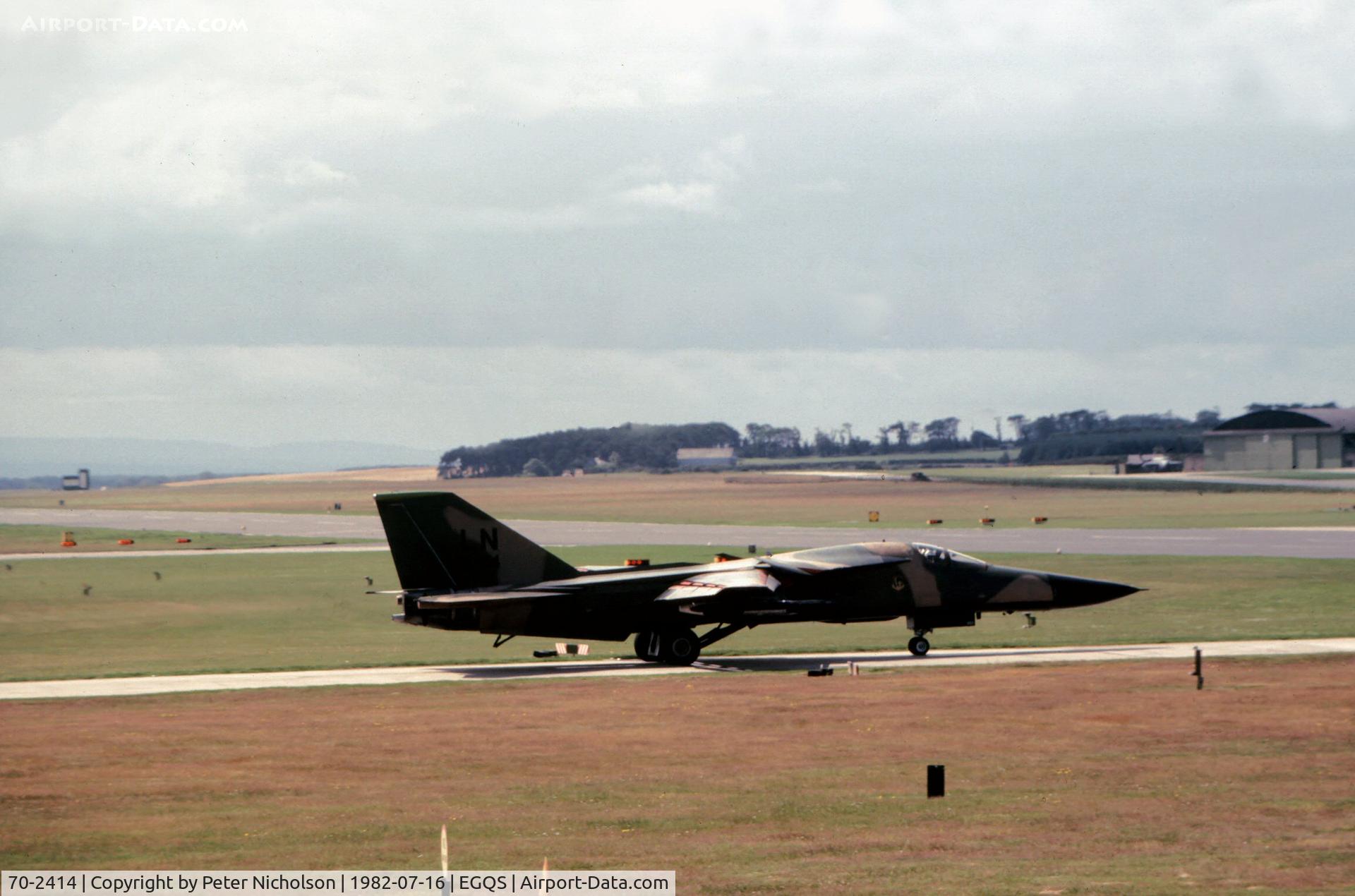 70-2414, 1970 General Dynamics F-111F Aardvark C/N E2-53, F-111F of 494th Tactical Fighter Squadron/48th Tactical Fighter Wing at RAF Lakenheath preparing to join the active runway at RAF Lossiemouth in the Summer of 1982.