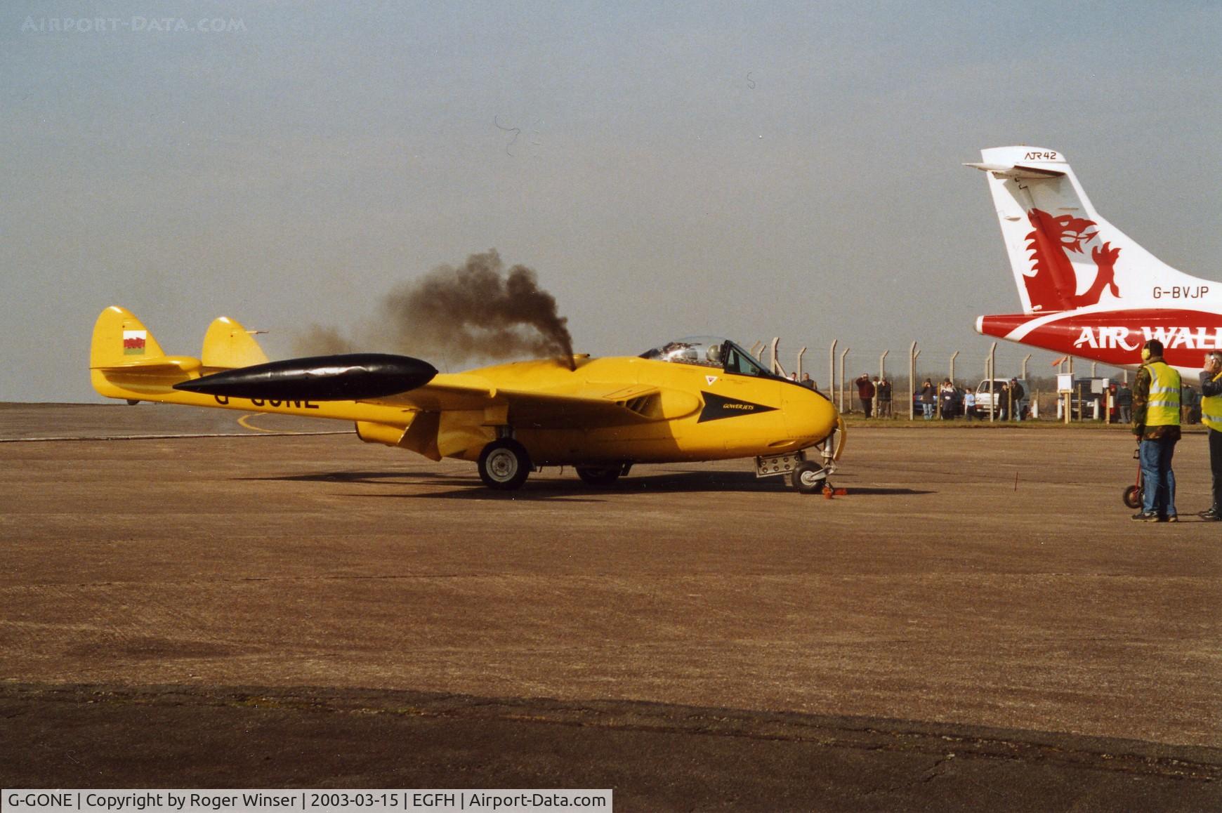 G-GONE, 1954 De Havilland (F+W Emmen) DH-112 Venom FB.50 C/N 752, Gower Jets's Venom cartridge start. Note also Air Wales's newly delivered G-BVJP, re-registered G-TAWE on 17 March 2003.