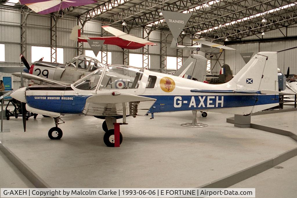 G-AXEH, Scottish Aviation B125 Bulldog 1 C/N B125/001, Scottish Aviation (Beagle) B125 Bulldog 1 at The Museum of Flight, East Fortune in 1993. The Bulldog prototype, built by Beagle at Shoreham and first flown in May 1969