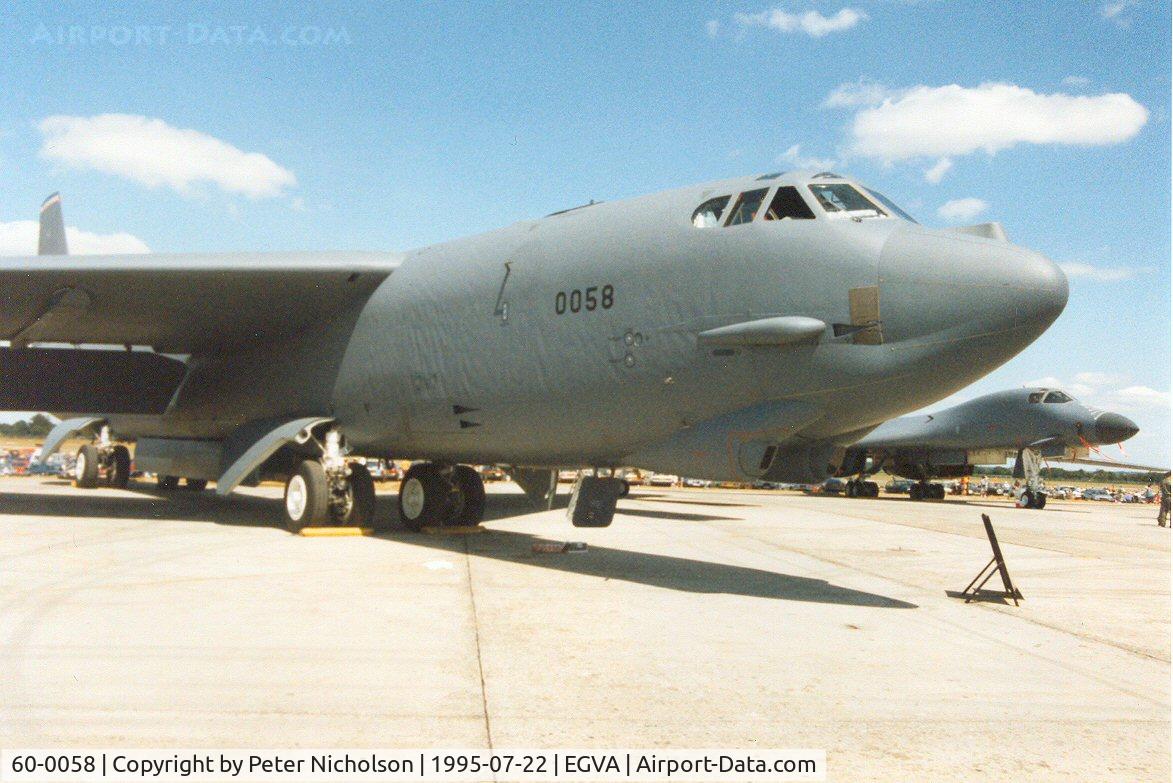 60-0058, 1960 Boeing B-52H-160-BW Stratofortress C/N 464423, B-52H Stratofortress, callsign Chill 57, of 23rd Bomb Squadron/5th Bomb Wing on display at the 1995 Intnl Air Tattoo at RAF Fairford.