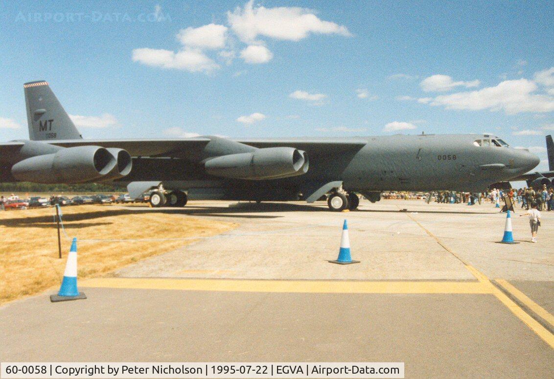 60-0058, 1960 Boeing B-52H-160-BW Stratofortress C/N 464423, B-52H Stratofortress, callsign Chill 57, from Minot AFB's 5th Bomb Wing on display at the 1995 Intnl Air Tattoo at RAF Fairford.