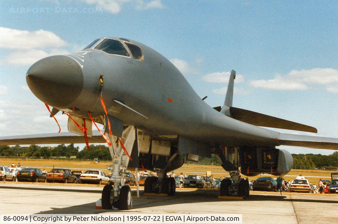 86-0094, 1986 Rockwell B-1B Lancer C/N 54, B-1B Lancer, callsign Bone 72, of 37th Bomb Squadron/28th Bomb Wing on display at the 1995 Intnl Air Tattoo at RAF Fairford.