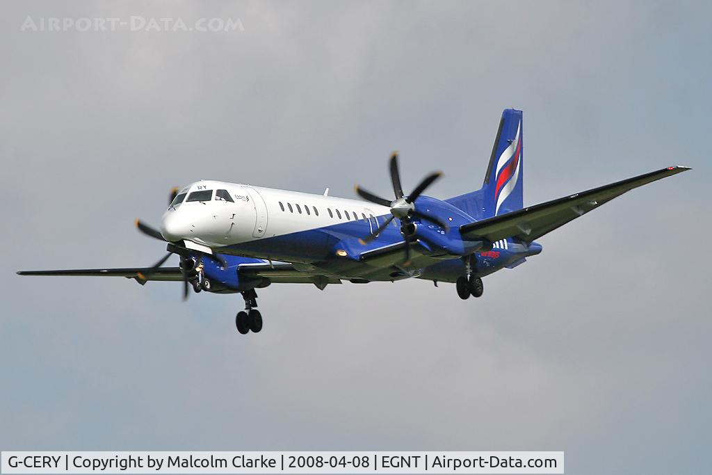 G-CERY, 1994 Saab 2000 C/N 2000-008, Saab 2000 on approach to Rwy 25 at Newcastle Airport in 2008.