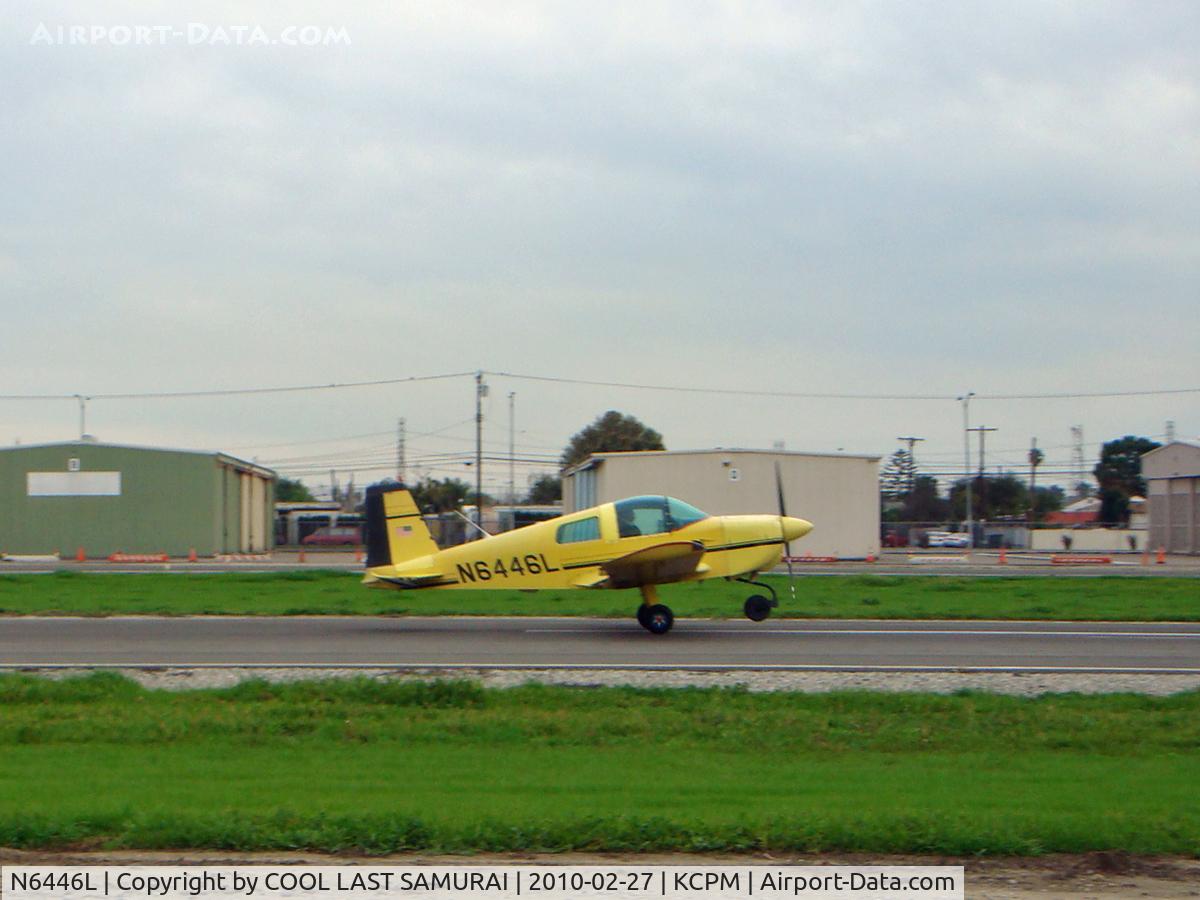 N6446L, 1972 American Aviation AA-1A Trainer C/N AA1A-0446, Landing CPM Rwy25R (photo by Fuchieh)