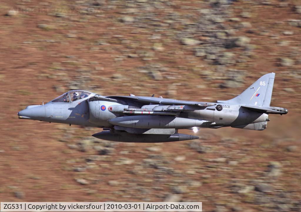 ZG531, 1991 British Aerospace Harrier GR.9 C/N P85, Royal Air Force Harrier GR9 (c/n P85). Operated by the Cottesmore Wing, coded '85'. Dunmail Raise, Cumbria.