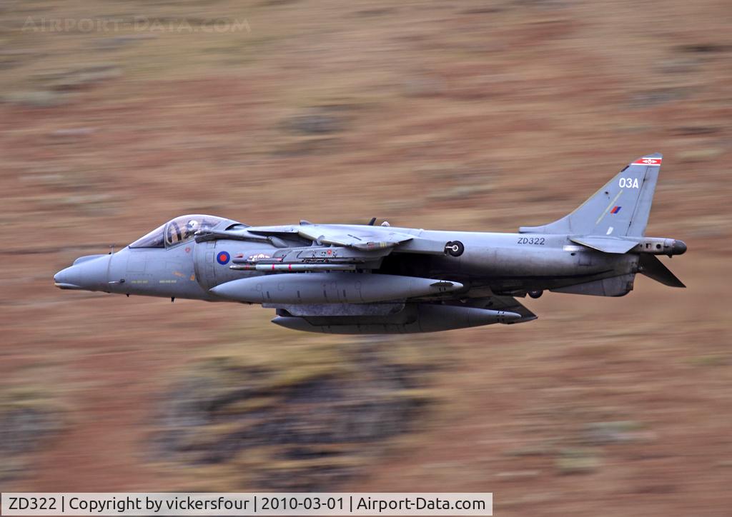ZD322, British Aerospace Harrier GR.7 C/N 512072/P3, Royal Air Force Harrier GR9A (c/n P03/512072). Operated by the Cottesmore Wing in 1 Squadron markings, coded '03A'. Dunmail Raise, Cumbria.