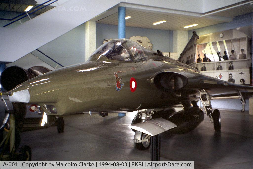 A-001, Saab F-35 Draken C/N 35-1001, Saab F-35 Draken in 1994. The first from a batch of 20 F-35 variant Drakens delivered to the Danish Air Force in 1971. Seen here at Mobilium, Billund, the Danish Air Museum, now closed.