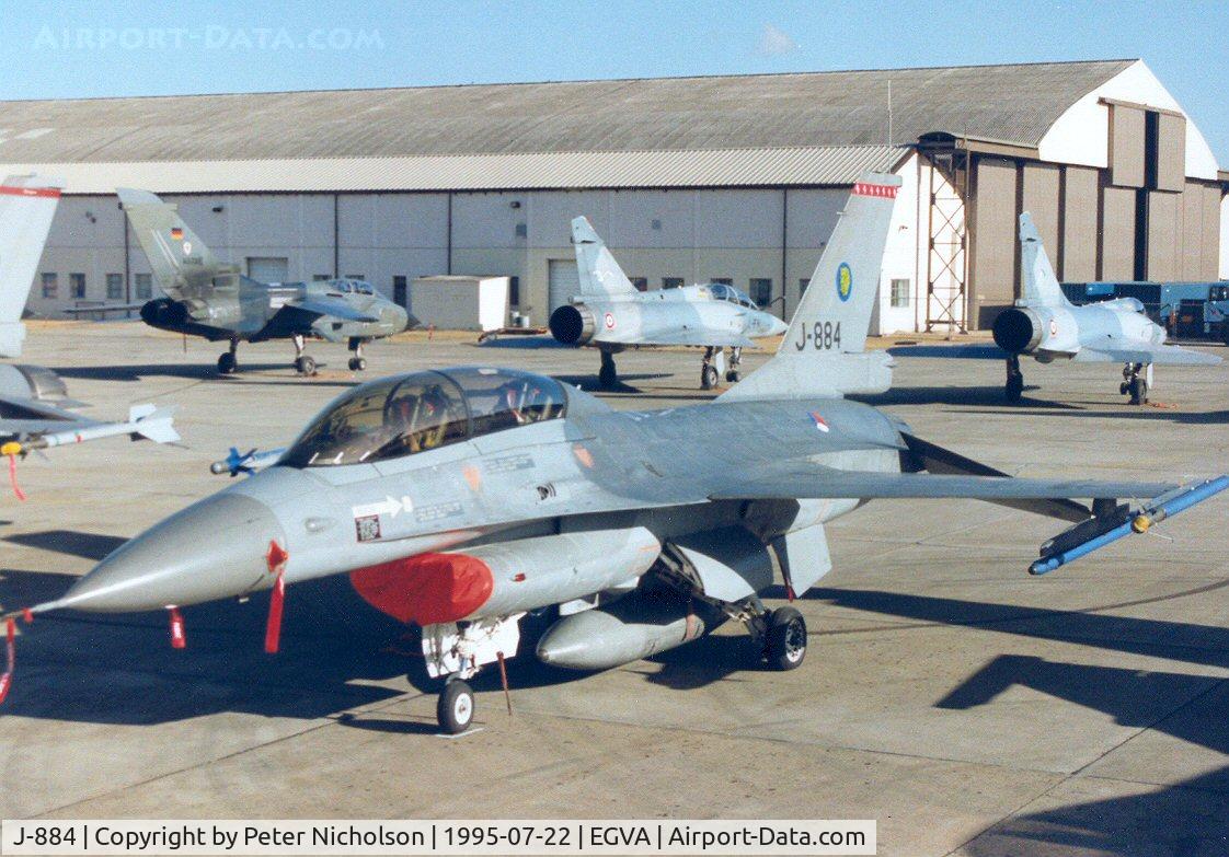 J-884, Fokker F-16B Fighting Falcon C/N 6E-25, F-16B Falcon, callsign Lion 02, of 315 Squadron Royal Netherlands Air Force on the flight-line at the 1995 Intnl Air Tattoo at RAF Fairford.