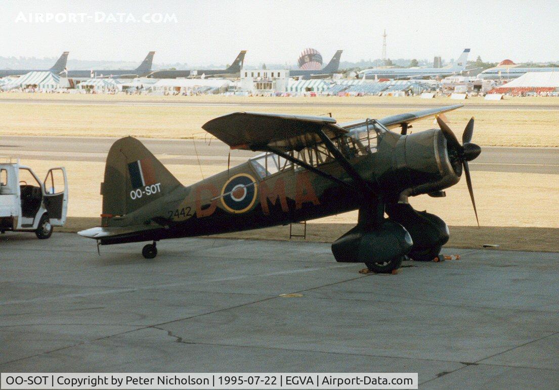 OO-SOT, 1942 Westland Lysander IIIA C/N Y1530, Lysander IIIA of Sabena Old Timers on the flight-line at the 1995 Intnl Air Tattoo at RAF Fairford.