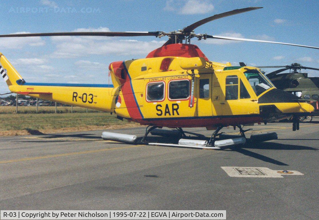 R-03, 1994 Agusta AB-412SP C/N 25641, AB-412SP, callsign Romeo 03, of the Royal Netherlands Air Force SAR Flight on display at the 1995 Intnl Air Tattoo at RAF Fairford.