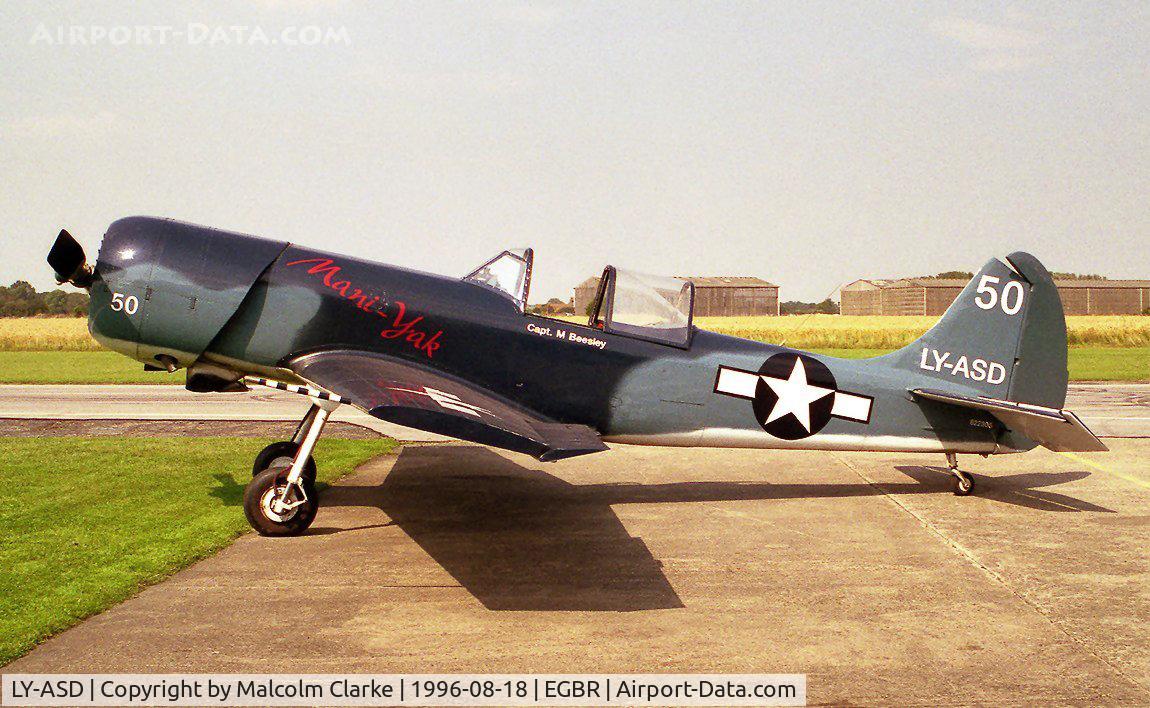 LY-ASD, 1982 Yakovlev Yak-50 C/N 822305, Yakovlev Yak-50 at Breighton Airfield in 1996. Later G-YAKU & G-BXNO.