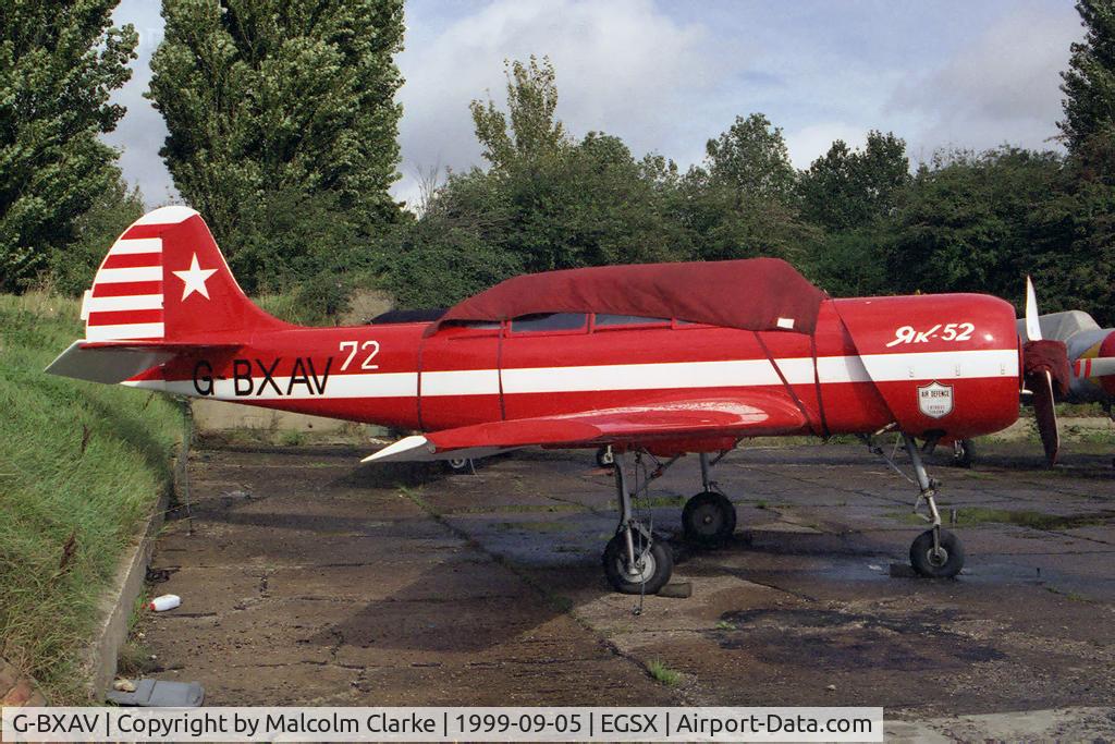 G-BXAV, 1991 Yakovlev (Aerostar) Yak-52 C/N 9111608, Aerostar Yak-52 at North Weald Airfield in 1999.