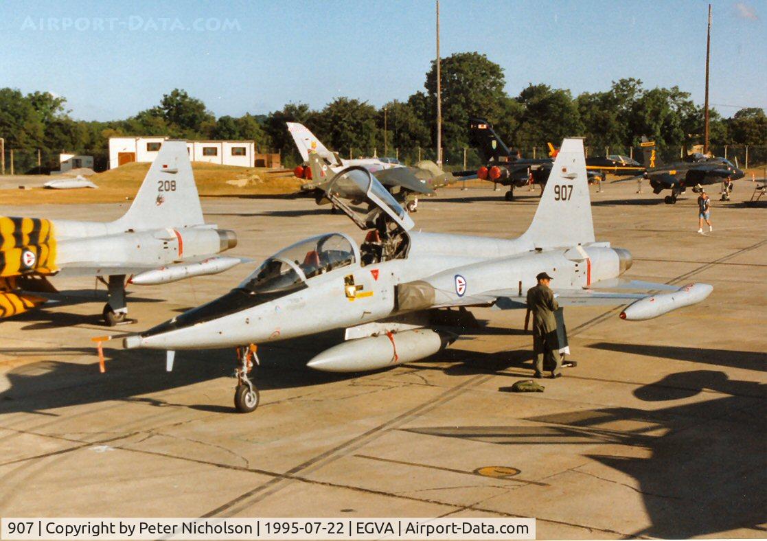 907, 1967 Northrop F-5B Freedom Fighter C/N N.9010, F-5B 907 of 336 Skv Royal Norwegian Air Force on the flight-line at the 1995 Intnl Air Tattoo at RAF Fairford.