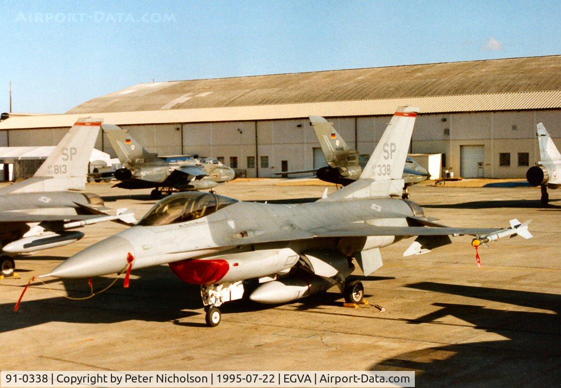 91-0338, 1991 General Dynamics F-16CJ Fighting Falcon C/N CC-36, F-16C Falcon, callsign Shack 01, of 22nd Fighter Squadron/52nd Fighter Wing on the flight-line at the 1995 Intnl Air Tattoo at RAF Fairford.
