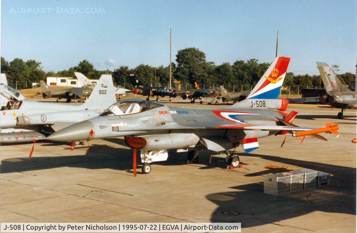J-508, 1987 Fokker F-16A Fighting Falcon C/N 6D-147, F-16A Falcon, callsign Condor 01, the solo display aircraft of 311 Squadron Royal Netherlands Air Force for the 1995 Season on the flight-line at the 1995 Intnl Air Tattoo at RAF Fairford.