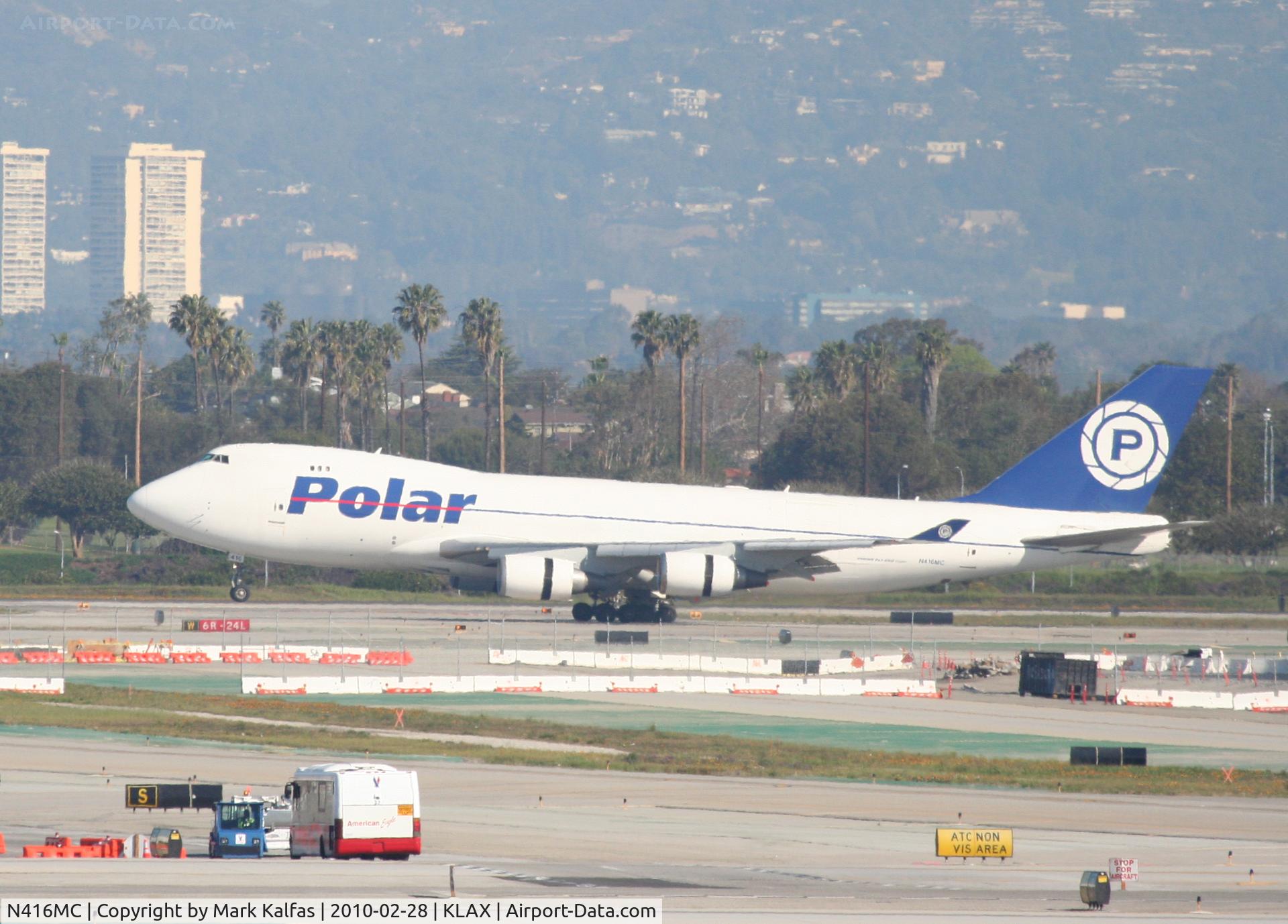N416MC, 2002 Boeing 747-47UF C/N 32838/1307, Polar Air Cargo Boeing 747-47UF, N416MC arriving 24R KLAX.