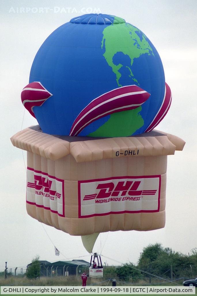 G-DHLI, 1994 Thunder & Colt Colt World 90 C/N 2603, Thunder & Colt World 90. At Cranfield's Air Show and Helifest in 1994.