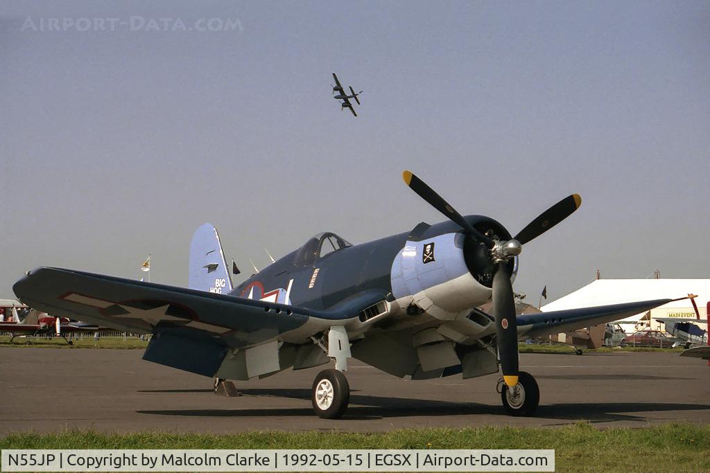 N55JP, 1945 Goodyear FG-1D Corsair C/N 3205, Goodyear FG-1D Corsair at Airshow Europe, North Weald Airfield in 1992 with Tigercat N6178C performing overhead.