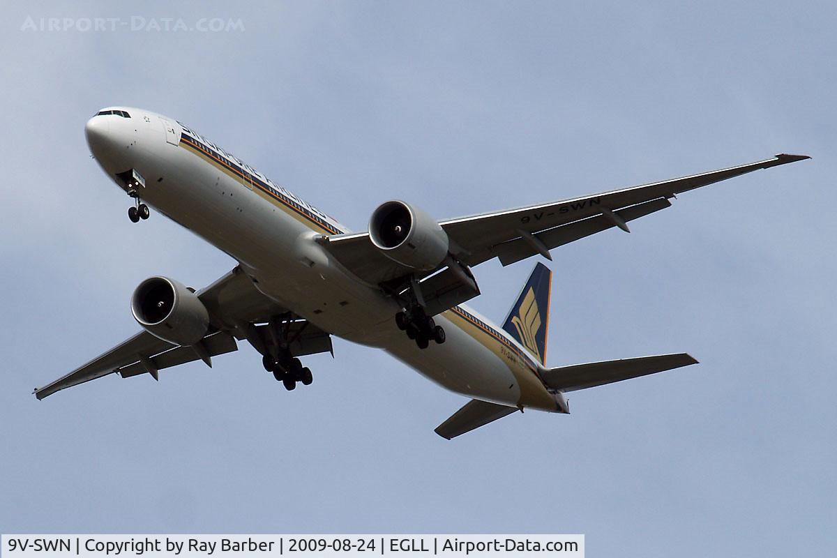 9V-SWN, 2008 Boeing 777-312/ER C/N 34579, Boeing 777-312ER [34579] (Singapore Airlines) Home~G 24/08/2009. On approach 27R 3 miles out.