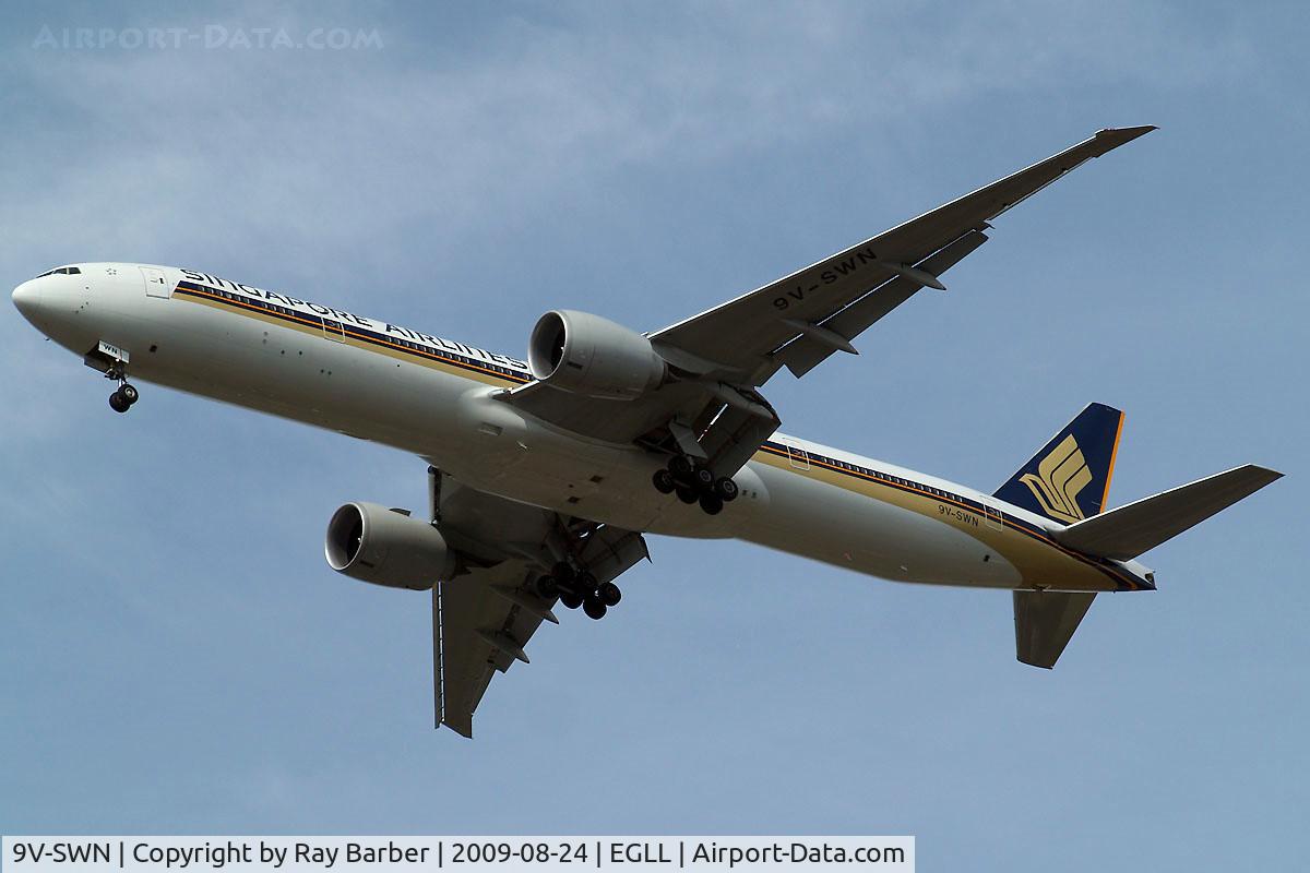 9V-SWN, 2008 Boeing 777-312/ER C/N 34579, Boeing 777-312ER [34579] (Singapore Airlines) Home~G 24/08/2009. On approach 27R 3 miles out.