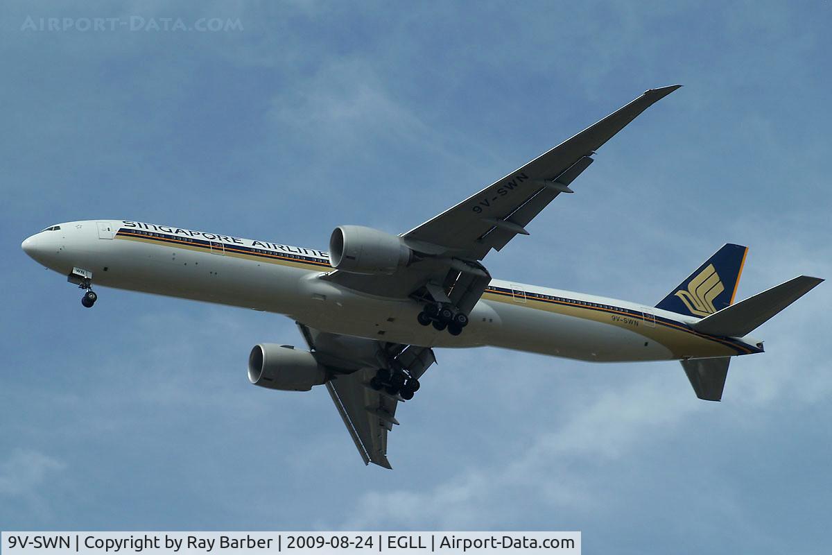 9V-SWN, 2008 Boeing 777-312/ER C/N 34579, Boeing 777-312ER [34579] (Singapore Airlines) Home~G 24/08/2009. On approach 27R 3 miles out.