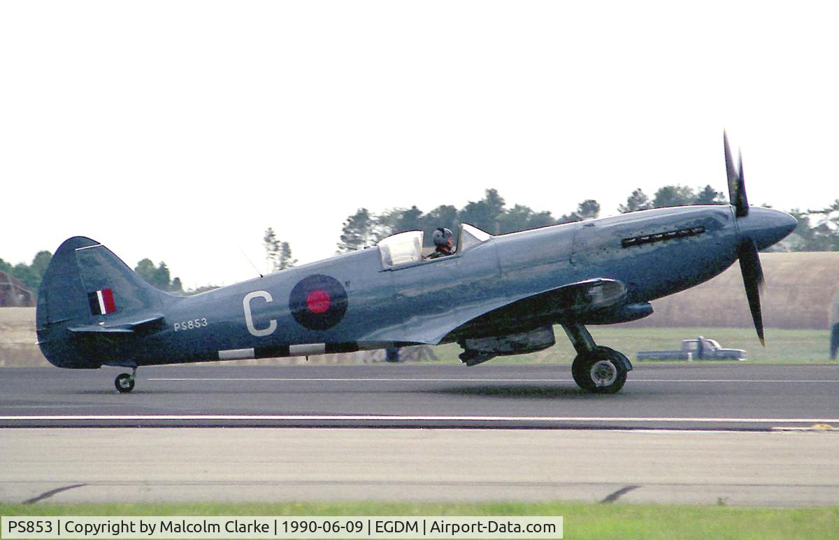 PS853, 1945 Supermarine 389 Spitfire PR.XIX C/N 6S/594677, Supermarine 389 Spitfire PR19. From BBMF, Coningsby and seen at the Battle of Britain Airshow, A&AEE, Boscombe Down in 1990.