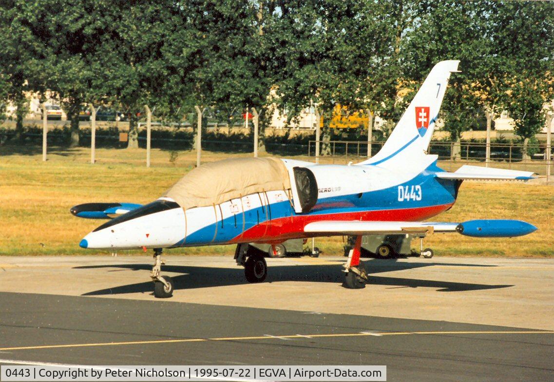 0443, Aero L-39 Albatros C/N 430443, L-39 Albatross number 7 of the White Albatross Slovak Air Force display team on the flight-line at the 1995 Intnl Air Tattoo at RAF Fairford.