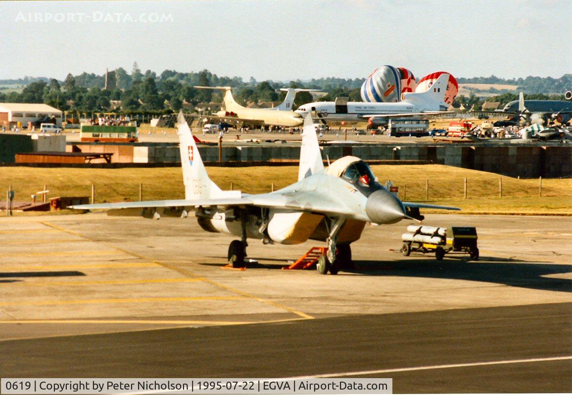 0619, Mikoyan-Gurevich MiG-29AS C/N 2960535406/4713, MiG-29 Fulcrum A of 1 Squadron Slovak Air Force on the flight-line at the 1995 Intnl Air Tattoo at RAF Fairford.