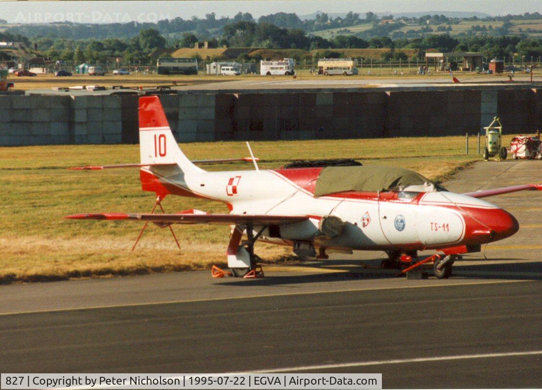 827, PZL-Mielec TS-11 Iskra bis B C/N 1H-0827, TS-11 Iskra number 10 of the White Iskras Polish Air Force display team on the flight-line at the 1995 Intnl Air Tattoo at RAF Fairford.