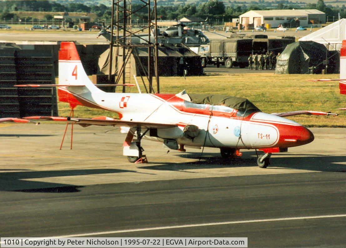 1010, PZL-Mielec TS-11 Iskra bis B C/N 1H-1010, Aircraft number 4 of the White Iskras Polish Air Force display team on the flight-line at the 1995 Intnl Air Tattoo at RAF Fairford.