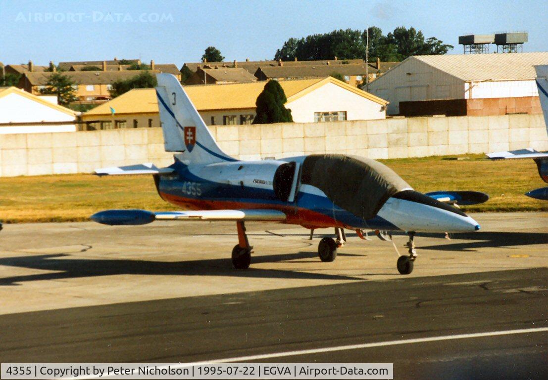 4355, Aero L-39C Albatros C/N 834355, L-39C Albatros number 3 of the Slovak Air Force's White Albatross display team on the flight-line at the 1995 Intnl Air Tattoo at RAF Fairford.