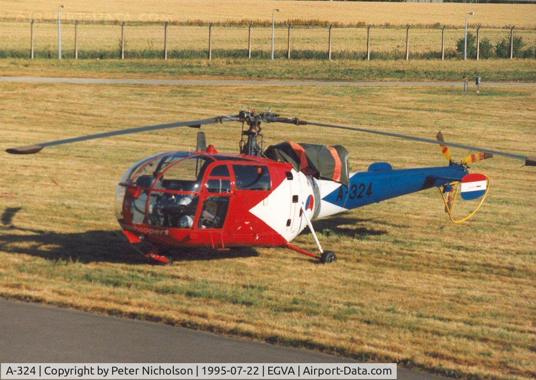 A-324, Aerospatiale SA-316B Alouette III C/N 1324, Alouette III of the Royal Netherlands Air Force's Grasshoppers display team on the flight-line at the 1995 Intnl Air Tattoo at RAF Fairford.