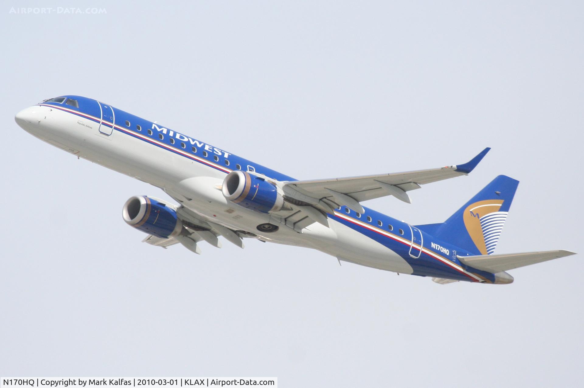 N170HQ, 2008 Embraer 190AR (ERJ-190-100IGW) C/N 19000191, Republic Airlines/Midwest Express Embraer ERJ 190-100 IGW, RPA1926 25R departure for KMCI.