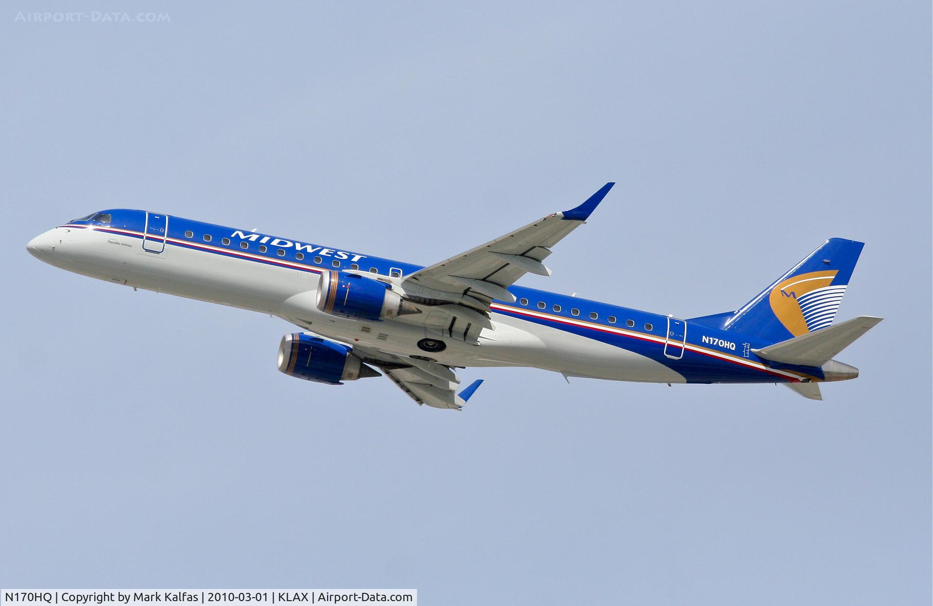 N170HQ, 2008 Embraer 190AR (ERJ-190-100IGW) C/N 19000191, Republic Airlines/Midwest Express Embraer ERJ 190-100 IGW, RPA1926 25R departure for KMCI.