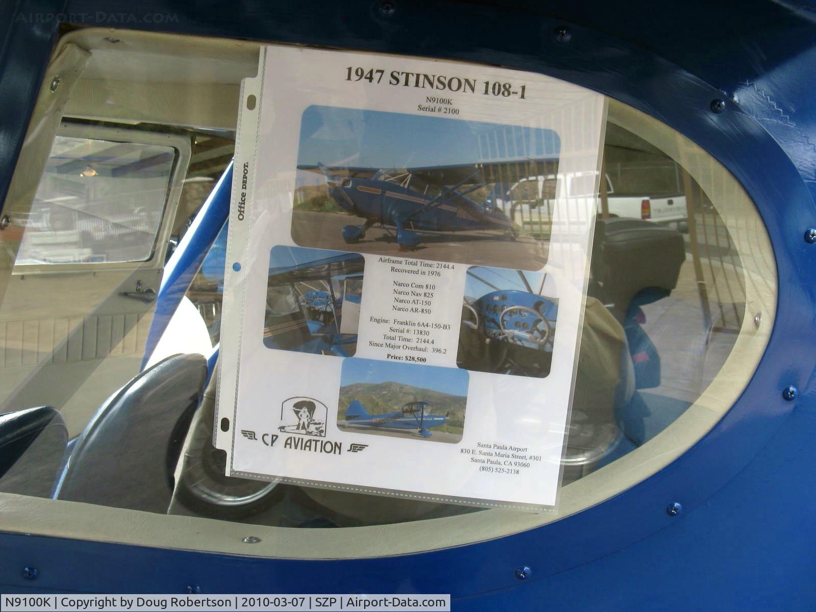 N9100K, 1947 Stinson 108-1 Voyager C/N 108-2100, 1947 Stinson 108-1 VOYAGER, Franklin 6A4-150-B3 150 Hp, CP Aviation Family Heirloom For sale, aicraft data