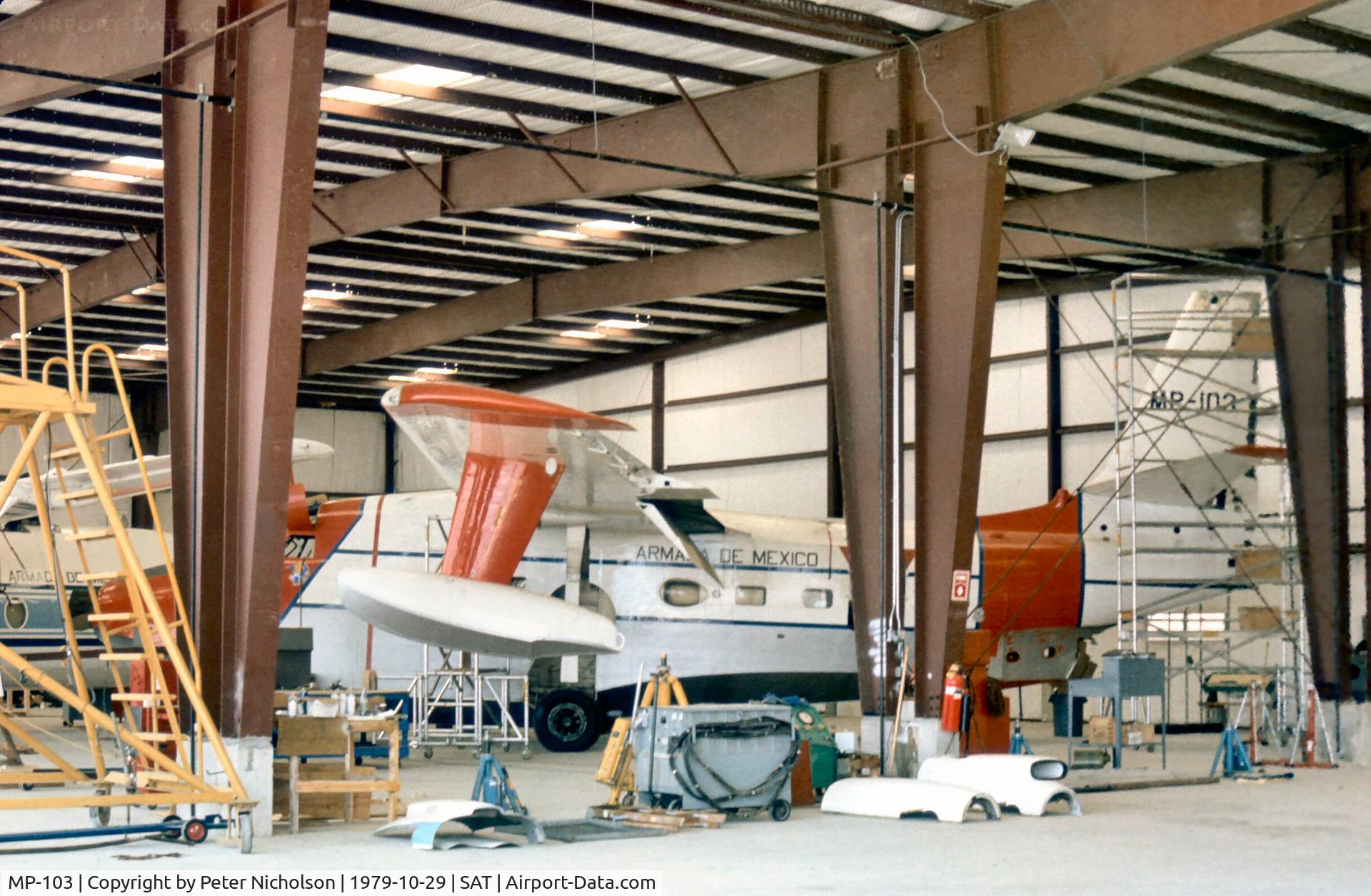 MP-103, Grumman CSR-110 Albatross C/N G-455, Mexican Navy Albatross undergoing maintenance at San Antonio in October 1979.